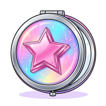 Y2K Aesthetic Compact Mirror Vector with Pink Star and Holographic Surface Isolated