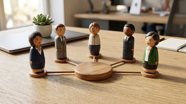 Five stylized wooden figures connected by spokes to a central wooden hub on a wooden desk