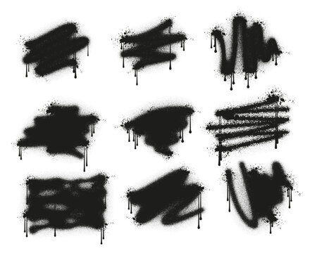 Black spray paint strokes and spots set. Grunge aerosol paint banners, graffiti spray splatters with drips, ink blot smudges and texture banners. Street art and urban poster design vector illustration