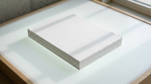 Stack of plain white paper sheets on a light table, soft diagonal shadows falling across the clean textured surface, minimalist mockup for branding and stationery design
