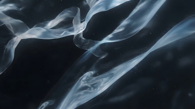Abstract translucent flowing ribbons creating a liquid texture on a dark background with floating particles