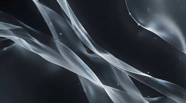 Abstract translucent flowing ribbons creating a liquid texture on a dark background with floating particles