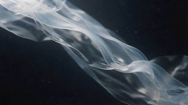 Abstract translucent flowing ribbons creating a liquid texture on a dark background with floating particles