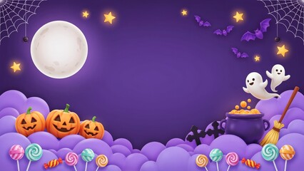 Naklejka premium Halloween violet paper cut banner