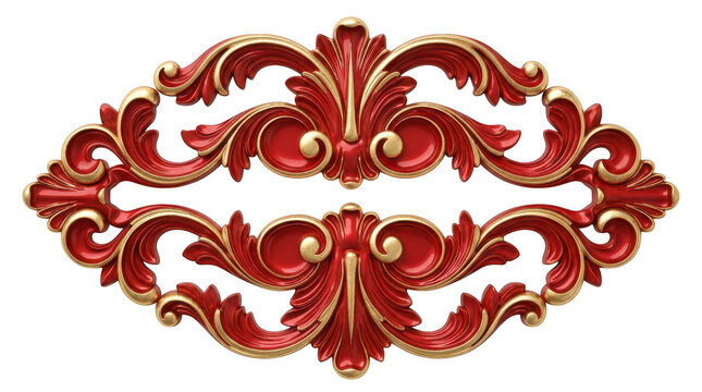Decorative red and gold ornate vintage flourish element isolated on transparent background