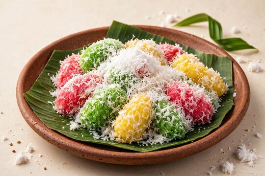 Colorful Indonesian Cenil Traditional Tapioca Balls with Grated Coconut on Banana Leaf