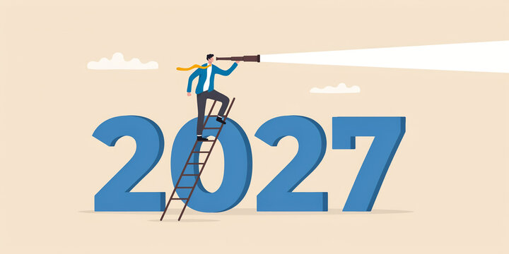 Businessman standing on ladder on 2027 numbers looking through spyglass for future business vision, growth, opportunity, and financial forecasting concept.