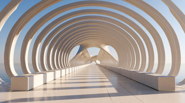 Futuristic Coastal Walkway Enclosed by Repeating Circular White Arches Above the Sea. AI generative