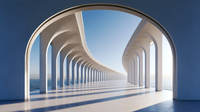 Futuristic Coastal Colonnade with Repeating White Arches and a Flowing Curved Roof Beside the Sea. AI generative