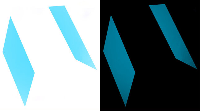 Minimalist blue geometric shapes, abstract cyan parallelogram icons on white and black backgrounds, modern graphic design elements