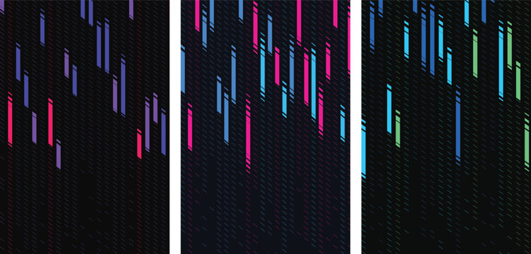 Vertical slanted rectangular blocks and diagonal lines in purple, pink, blue and green color gradients
