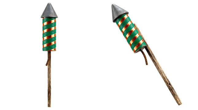 Festive firework rockets with green and copper stripes on wooden sticks isolated on transparent background set for celebration holiday party night show events.