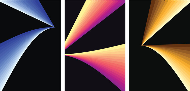 Three vertical panels featuring abstract geometric fan shapes in blue, pink, yellow, and gold gradients