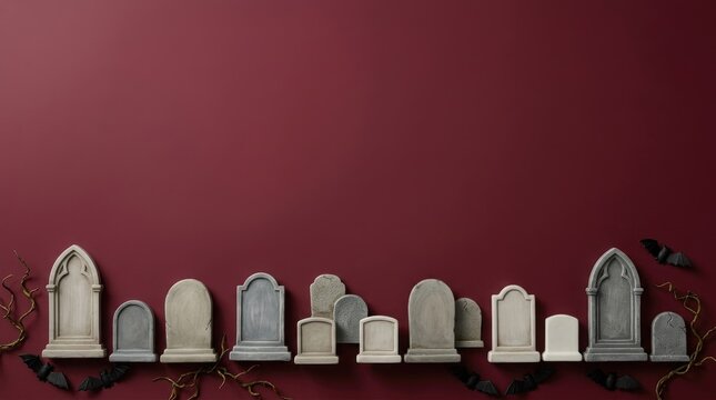 A spooky and eerie halloween graveyard scene with tombstones against a dark crimson background
