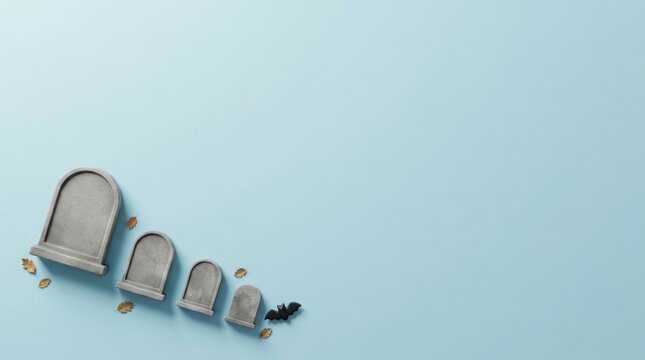 A serene pastel blue background featuring a row of charming miniature house shaped structures