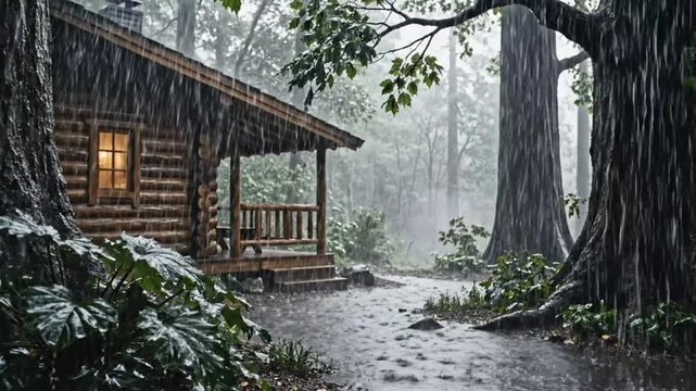 Cozy wooden cabin in a dense forest during a heavy rainstorm warm light from window