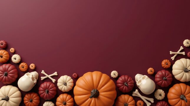 A spooky and festive halloween scene with pumpkins skulls and autumnal colors for a creepy celebration