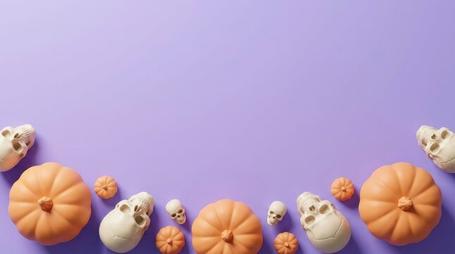 A spooky and delightful halloween scene with pumpkins and ghosts on a lavender backdrop