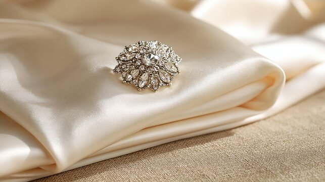 Round crystal brooch rests on folded ivory satin with elegant sparkle