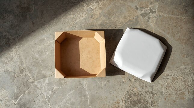 Open empty brown cardboard box on concrete floor.
