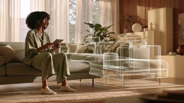 Young Black woman uses tablet to preview virtual sofas in modern living room