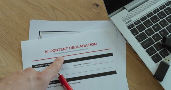 Person pointing at an AI content declaration form to emphasize mandatory disclosure, transparency and compliance when using artificial intelligence generated content.