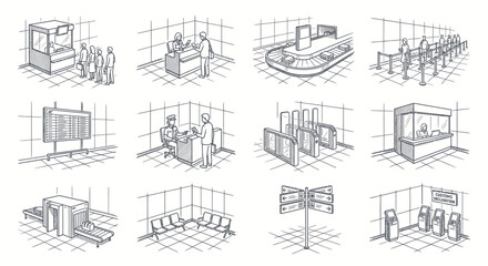 Fototapeta premium Airport Interior Sketch Collection - Travel and Transportation Hub Elements.