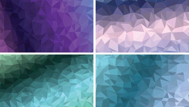 Four geometric low poly backgrounds with purple, pink, teal, and blue triangular gradient patterns