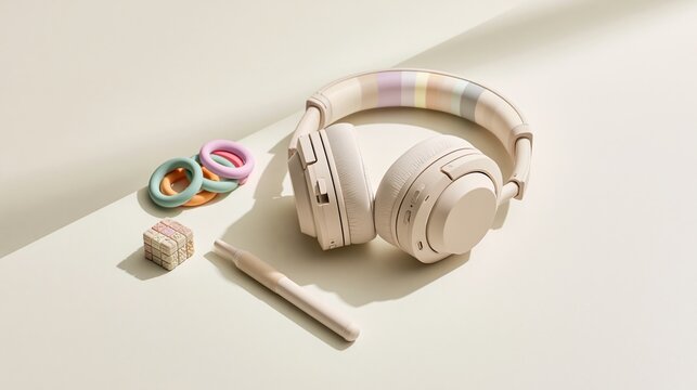 White headphones sit beside colorful sensory fidget tools on minimalist desk
