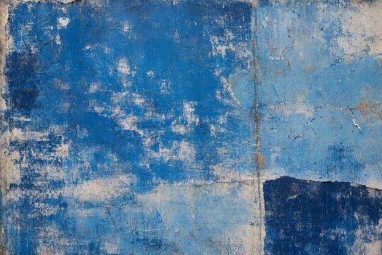 Vintage blue plaster texture with chipped edges and patina - A vintage blue plaster texture showing chipped edges, lime deposits, and warm patina