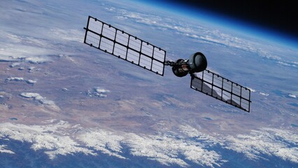 Solar powered satellite hovering over the planet Earth. Collecting meteorological data for weather forecasting. NASA public domain imagery © Marcin Janiec