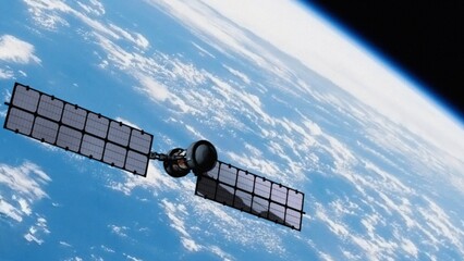 Solar powered satellite hovering over the blue oceans of planet Earth. Collecting meteorological data for weather forecasting or providing communications. NASA public domain imagery © Marcin Janiec