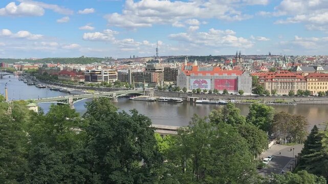 Elevated view from Letna Park over the Vltava River and steel Svatopluk Cech Bridge in Prague.