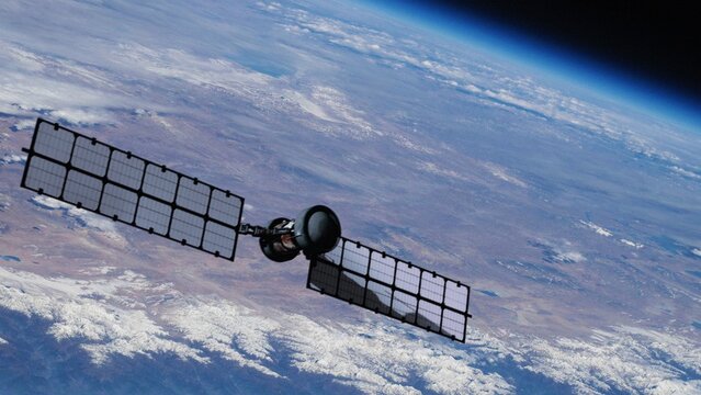 Solar powered satellite hovering over the blue planet Earth. Collecting meteorological data for weather forecasting or providing communications. NASA public domain imagery