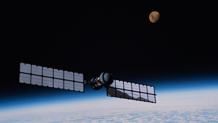 Solar powered satellite hovering over the planet Earth. Collecting data or providing communications. NASA public domain imagery © Marcin Janiec