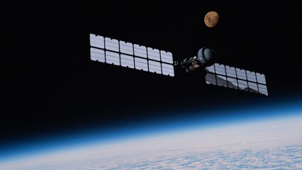 Solar powered satellite hovering over the blue planet Earth. Collecting weather data or providing communications. NASA public domain imagery © Marcin Janiec