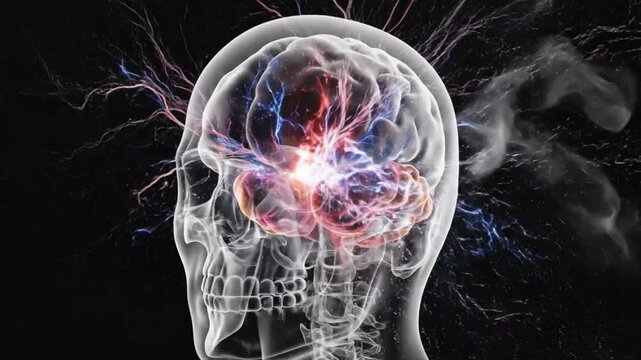 3D medical animation of human brain with highlighted temporal lobe skull and spine detail black background