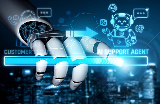 Futuristic robotic hand symbolizes innovation in customer service with virtual AI support agent, highlighting efficiency in digital interactions for businesses. Liminal