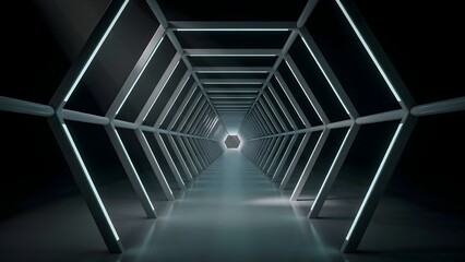 Naklejka premium Futuristic hexagonal lattice tunnel 3D render – Suitable for network infrastructure promotions, digital technology concepts, or virtual reality backgrounds.