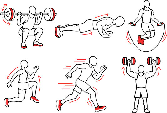 Fitness Exercise Line Art Set with Squat, Push Up, Jump Rope and Running Illustrations