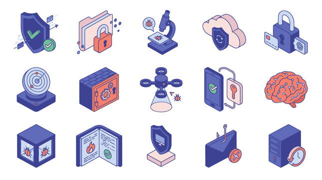 Professional Illustrated Guide to Cybersecurity Concepts and Threats with Isometric Icons in Blue Pink and Orange