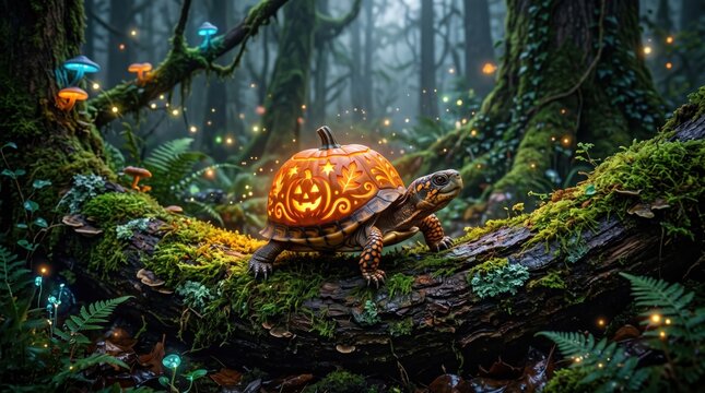 Cute fantasy turtle with a glowing carved pumpkin shell on a mossy log in an enchanted forest