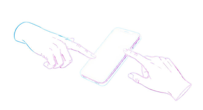 Two hands touching smartphone screen line art isolated on transparent background