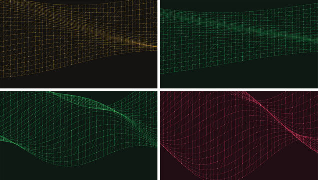 Four panels of wavy wireframe grids in gold, green, and red colors on dark backgrounds, 70 series