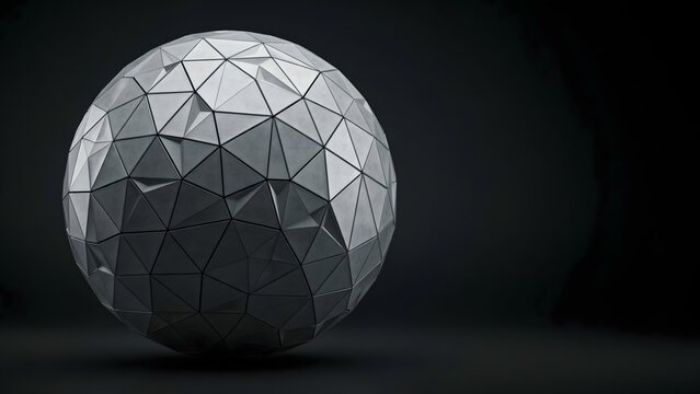 Triangular facet geometric sphere in dark environment &ndash; Great for scientific research covers, AI core illustration, or 3D graphics presentation.