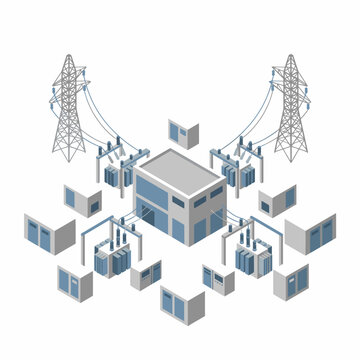 Isometric view of electrical substation with power lines and transformers.