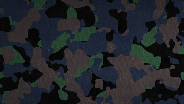 Blue, green, and gray camouflage pattern on fabric military army