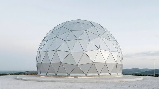 Architectural photograph of aluminum geodesic dome &ndash; Great for sustainable facility design, futuristic event space, or engineering showcase.