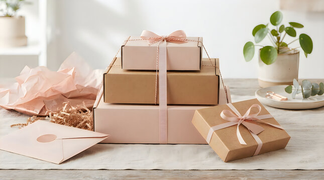 Stack of cardboard gift boxes with ribbons and greeting card on a wooden table