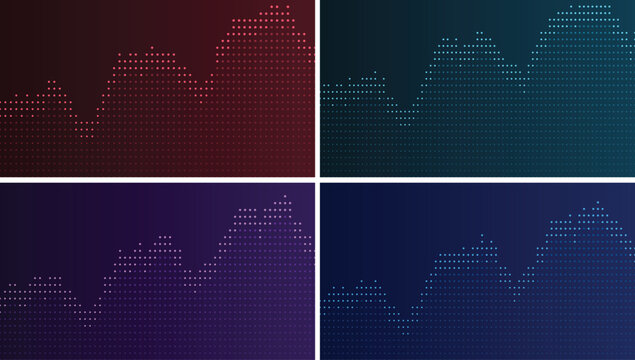Four quadrants featuring dotted line graphs in red, teal, purple, and blue on dark gradient backgrounds